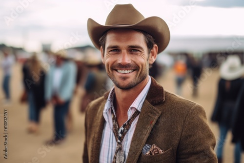 Medium shot portrait photography of a pleased man in his 30s that is wearing a chic cardigan against a rodeo event with cowboys and horses background . Generative AI