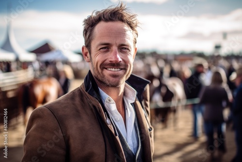 Medium shot portrait photography of a pleased man in his 30s that is wearing a chic cardigan against a rodeo event with cowboys and horses background .  Generative AI