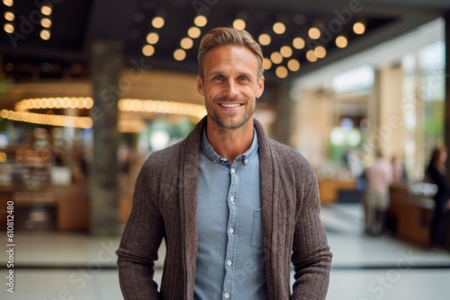 Portrait of a handsome man smiling at the camera in a shopping center