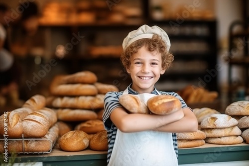 Portrait of smiling little boy in apron holding bun in bakery