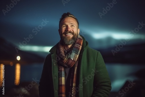 Portrait of a bearded man in a green coat and scarf standing outdoors at night.