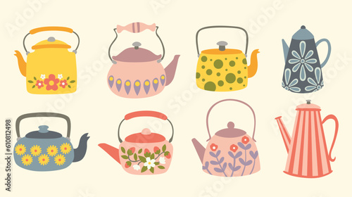 Colored teapot and kettle cartoon illustration set. Ceramic tea kettle and glass for boiling water, household cutlery for home tea ceremony.