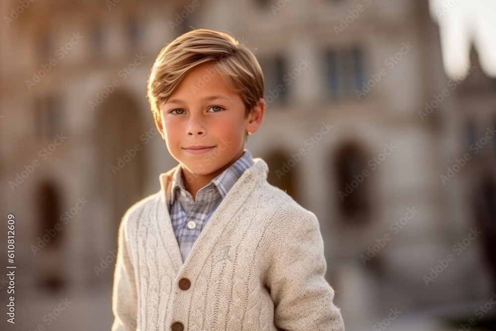 Portrait of a cute little boy standing in front of the building Portrait of a cute little boy standing in front of the building