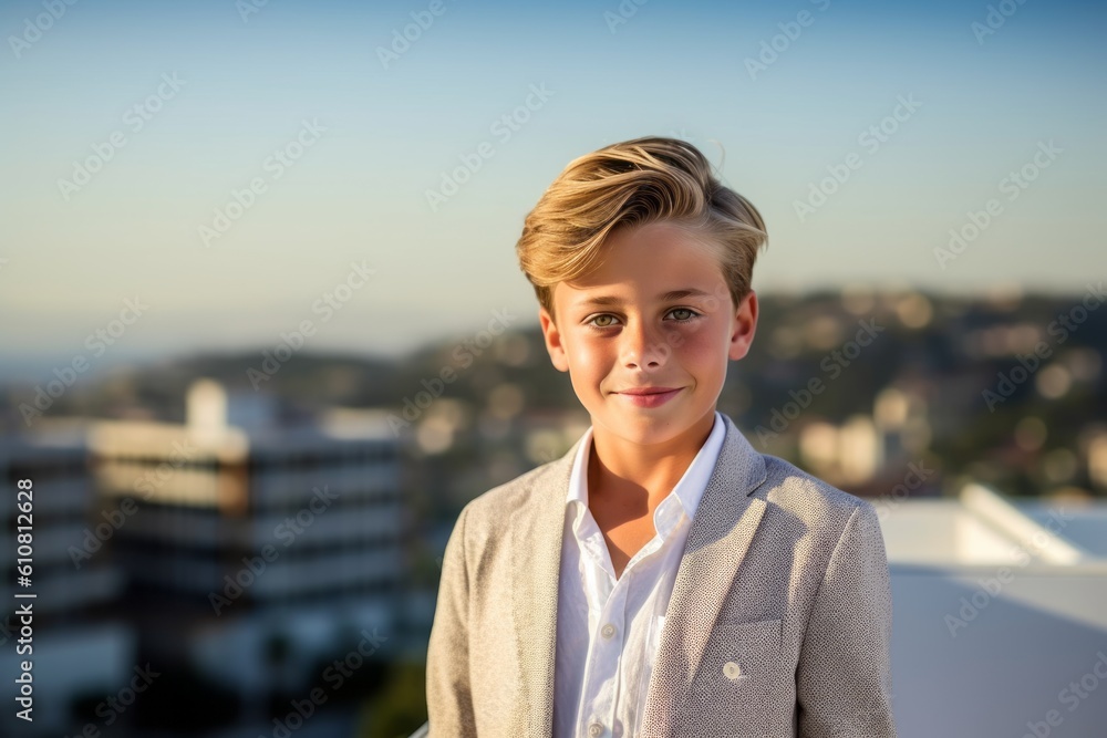 Portrait of young businesswoman smiling at camera against view of city Portrait of young businesswoman smiling at camera against view of city