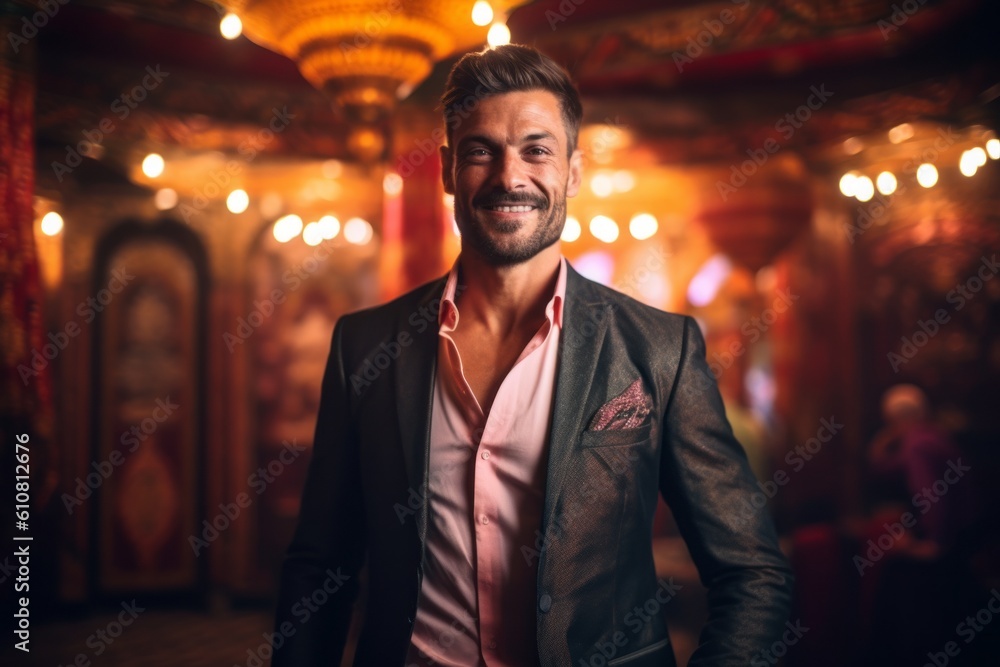 Fototapeta premium Medium shot portrait photography of a pleased man in his 30s that is wearing a chic cardigan against an entrancing belly dance performance in a venue background . Generative AI