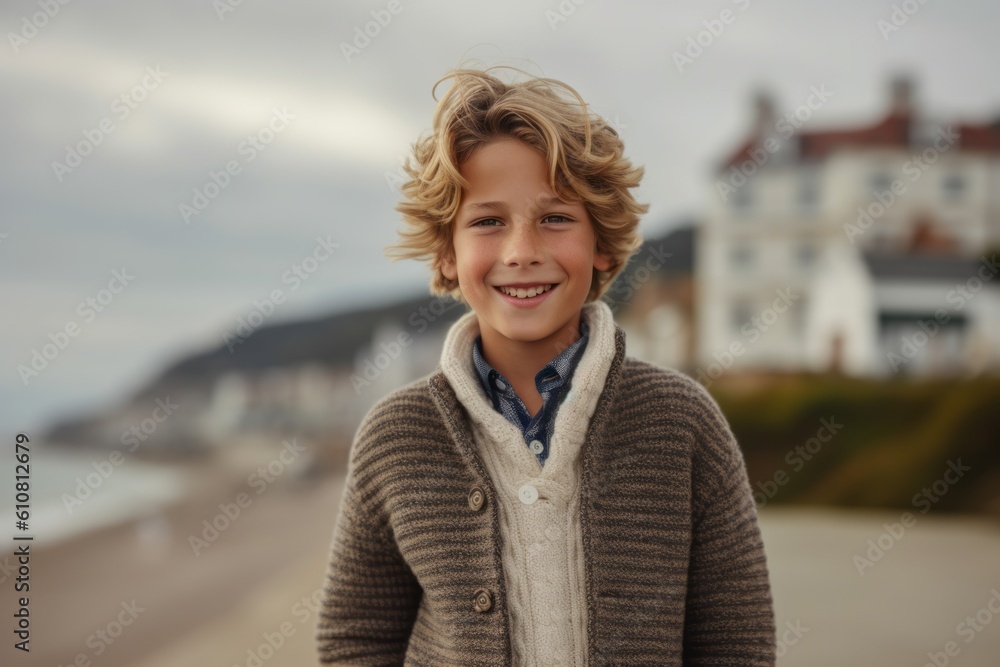 Portrait of a smiling young boy standing on the beach by the sea