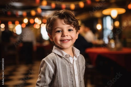 Portrait of a cute little boy smiling at camera in a restaurant