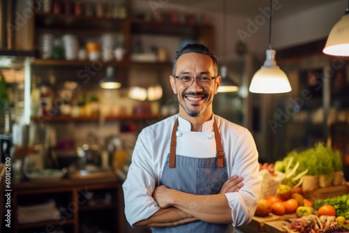 Portrait of smiling male staff standing with arms crossed in a cafe