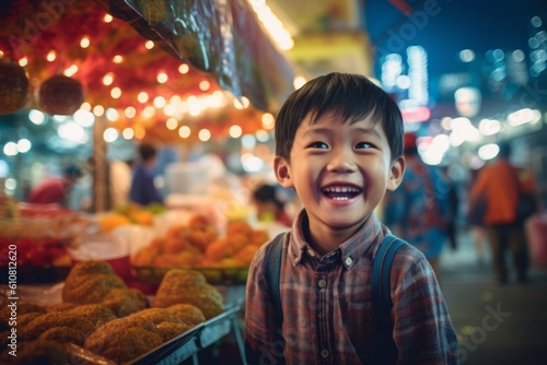 Little asian boy smiling and looking at camera at night market. © Robert MEYNER