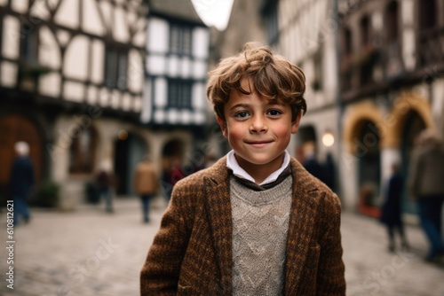 Portrait of a cute little boy with blond hair, wearing a brown coat, looking at the camera and smiling, in the old town of Strasbourg