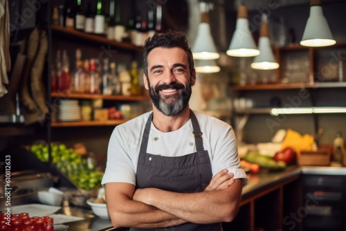 Medium shot portrait photography of a pleased man in his 30s that is wearing a chic cardigan against a well-stocked gourmet kitchen with a chef at work background . Generative AI