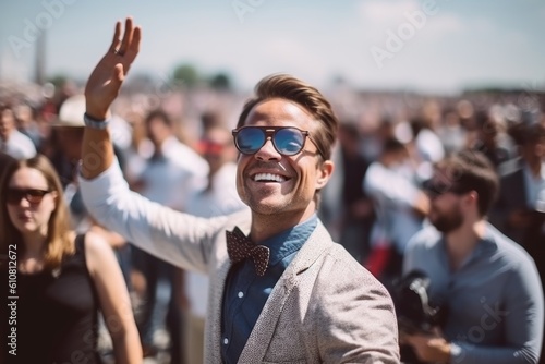 Medium shot portrait photography of a pleased man in his 30s that is wearing a chic cardigan against an awe-inspiring solar eclipse event with spectators background . Generative AI