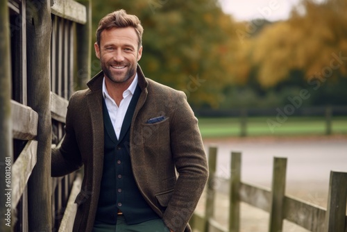 Handsome young man in a brown jacket and green trousers is smiling and looking at the camera while leaning on a wooden fence.