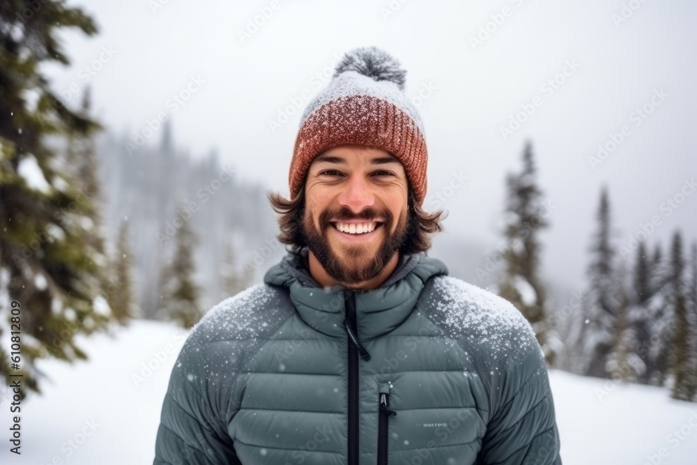 Medium shot portrait photography of a pleased man in his 30s that is wearing a pair of leggings or tights against a snowy mountain peak or summit background . Generative AI Medium shot portrait photography of a pleased man in his 30s that is wearing a pair of leggings or tights against a snowy mountain peak or summit background . Generative AI