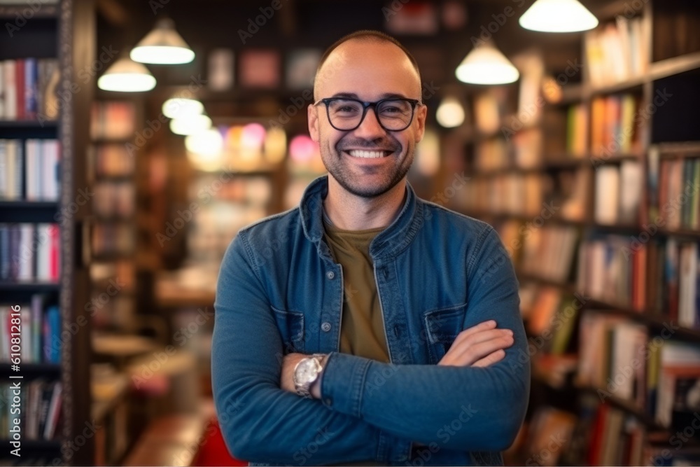 Medium shot portrait photography of a pleased man in his 30s that is wearing a pair of leggings or tights against a cozy bookstore filled with books and readers background . Generative AI Medium shot portrait photography of a pleased man in his 30s that is wearing a pair of leggings or tights against a cozy bookstore filled with books and readers background . Generative AI