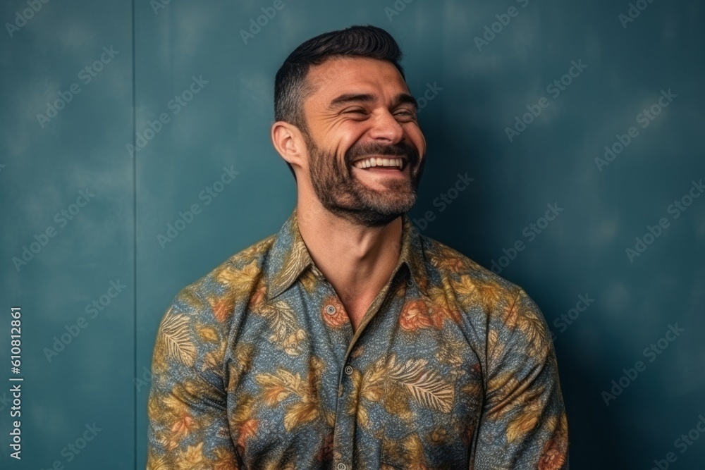 Medium shot portrait photography of a pleased man in his 30s that is wearing a trendy jumpsuit against a paper or textured background .  Generative AI