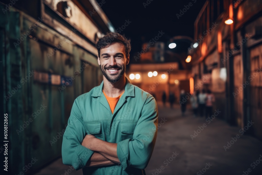 Medium shot portrait photography of a pleased man in his 30s that is wearing a trendy jumpsuit against a thrilling haunted house attraction with brave visitors background . Generative AI Medium shot portrait photography of a pleased man in his 30s that is wearing a trendy jumpsuit against a thrilling haunted house attraction with brave visitors background . Generative AI