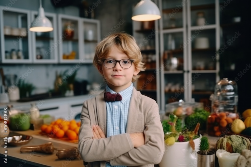 Portrait of a little boy in a suit and glasses standing in the kitchen