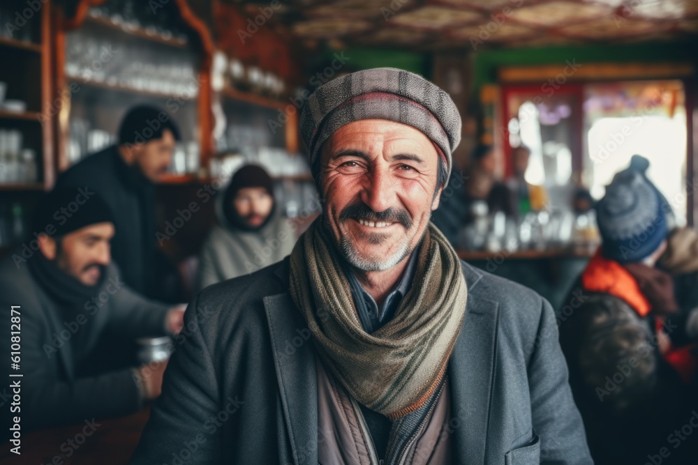 Portrait of a senior man sitting in a coffee shop and smiling.