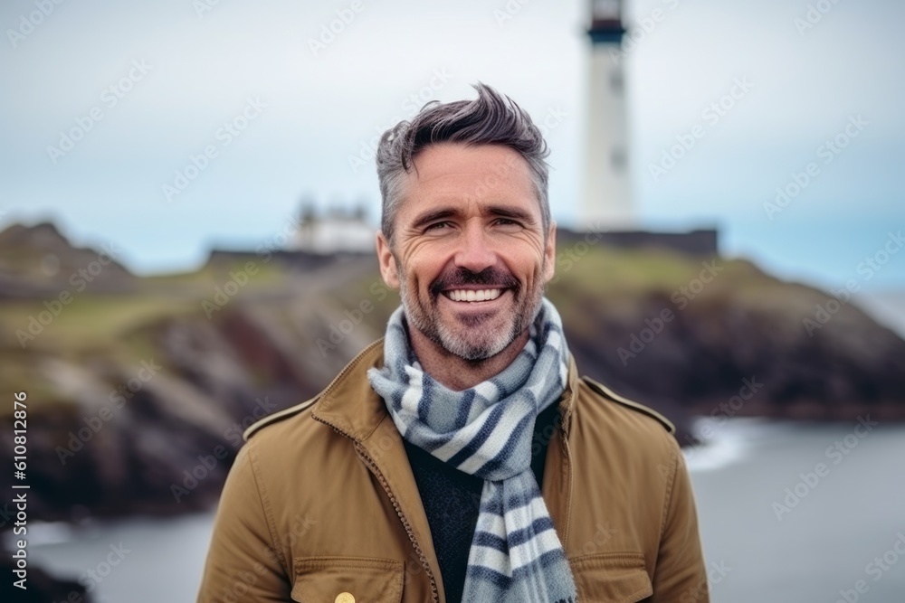 Medium shot portrait photography of a pleased man in his 40s that is wearing a charming scarf against a scenic coastal village with a lighthouse background . Generative AI Medium shot portrait photography of a pleased man in his 40s that is wearing a charming scarf against a scenic coastal village with a lighthouse background . Generative AI