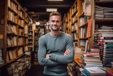 Medium shot portrait photography of a pleased man in his 30s that is wearing a pair of leggings or tights against a cozy bookstore filled with books and readers background .  Generative AI