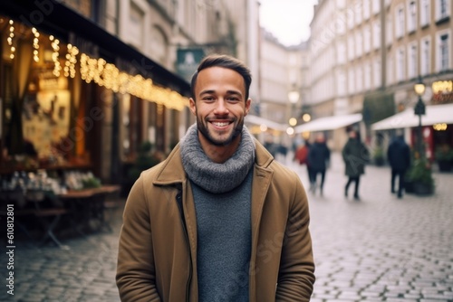 Medium shot portrait photography of a pleased man in his 30s that is wearing a pair of leggings or tights against a charming european cobblestone street with cafes background .  Generative AI © Leon Waltz