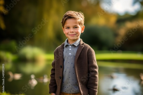Portrait of a cute little boy standing by the lake in autumn park