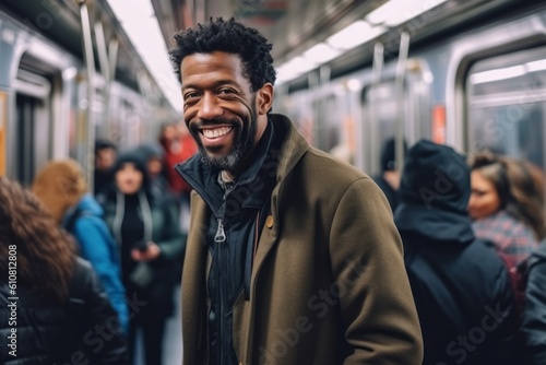 Portrait of a young african american man standing in the subway and smiling.