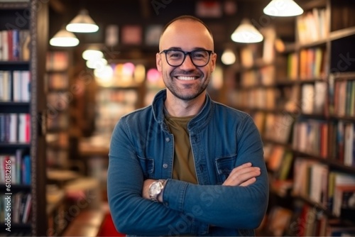 Medium shot portrait photography of a pleased man in his 30s that is wearing a pair of leggings or tights against a cozy bookstore filled with books and readers background .  Generative AI