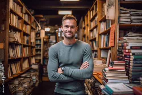 Medium shot portrait photography of a pleased man in his 30s that is wearing a pair of leggings or tights against a cozy bookstore filled with books and readers background . Generative AI