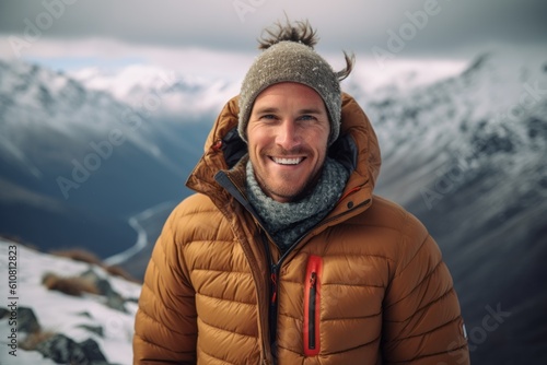 Portrait of a smiling young man in winter jacket and hat on the background of snowy mountains