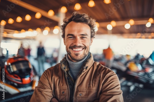 Handsome young man is smiling and looking at camera while sitting in motocross station