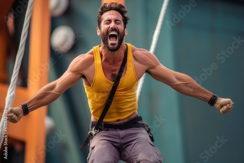 Medium shot portrait photography of a pleased man in his 30s that is wearing a sporty tank top against an adrenaline-pumping bungee jumping platform background . Generative AI