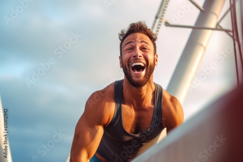 Portrait of a happy young man laughing while standing on a yacht