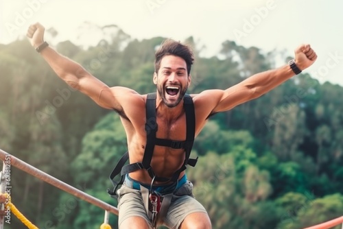 Portrait of a happy young man having fun while climbing on a rope bridge