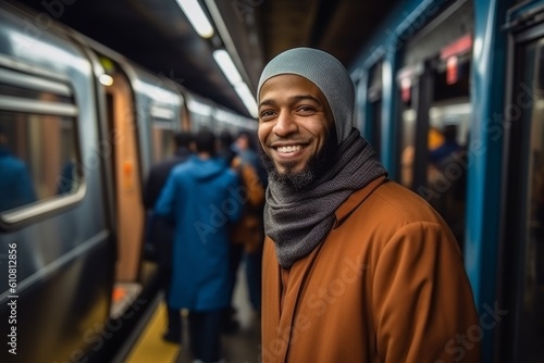 Portrait of a smiling african american man standing in subway car