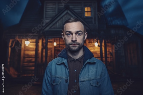 Medium shot portrait photography of a pleased man in his 30s that is wearing a trendy jumpsuit against a thrilling haunted house attraction with brave visitors background . Generative AI