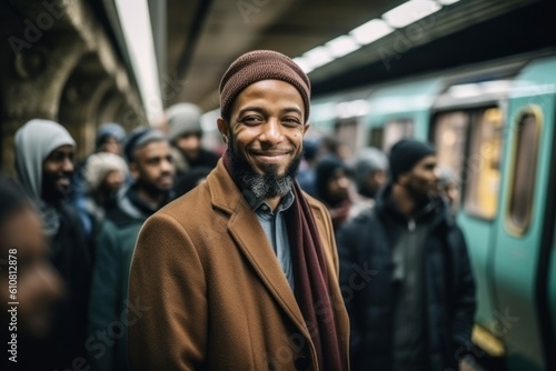 Medium shot portrait photography of a pleased man in his 30s that is wearing hijab against a packed subway car during a rush hour background . Generative AI