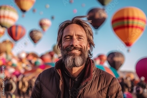 Medium shot portrait photography of a pleased man in his 40s that is wearing a charming scarf against a colorful balloon festival with hot air balloons in the sky background . Generative AI