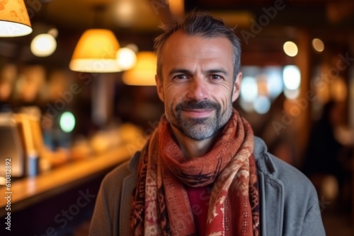 Medium shot portrait photography of a pleased man in his 40s that is wearing a charming scarf against a bustling traditional tea house with servers and patrons background . Generative AI