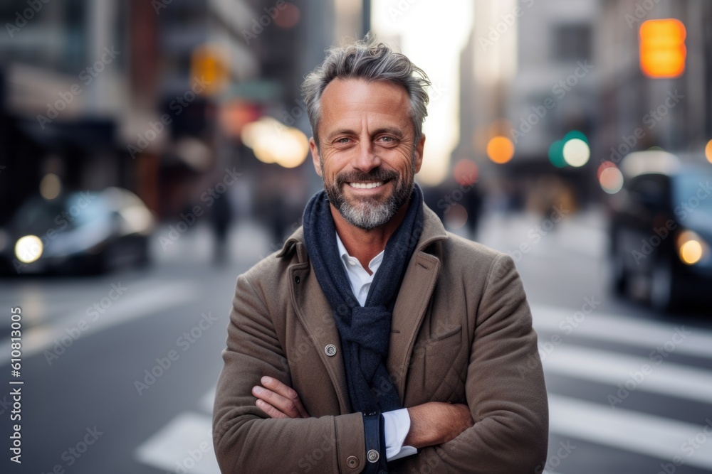 Medium shot portrait photography of a pleased man in his 40s that is wearing a chic cardigan against a bustling city intersection with taxis and pedestrians background .  Generative AI