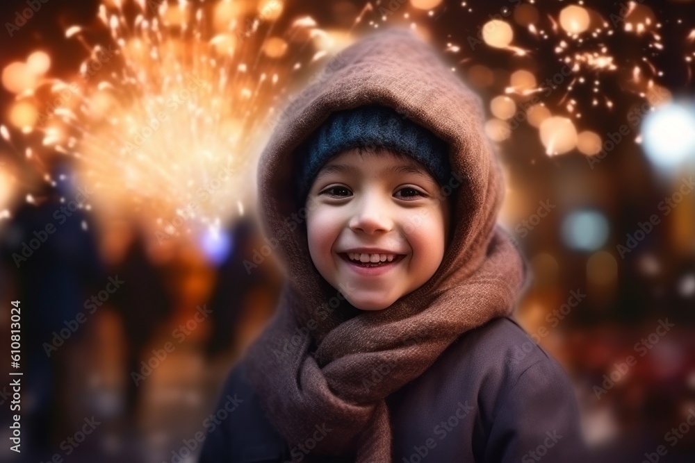 Portrait of a smiling little boy in winter clothes against fireworks background Portrait of a smiling little boy in winter clothes against fireworks background