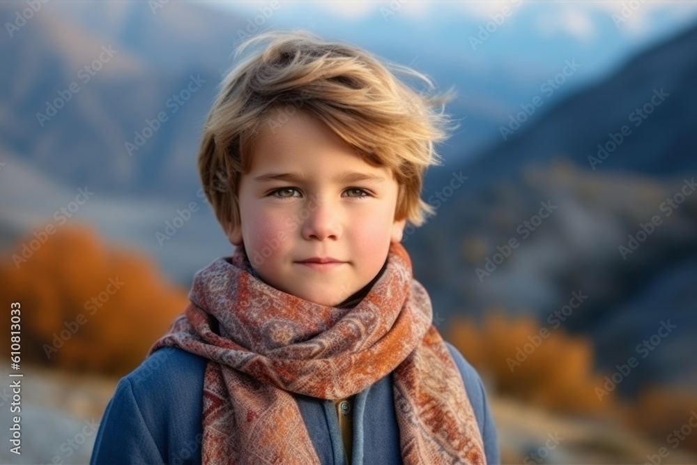 Portrait of a little boy with a scarf in the mountains. Portrait of a little boy with a scarf in the mountains.