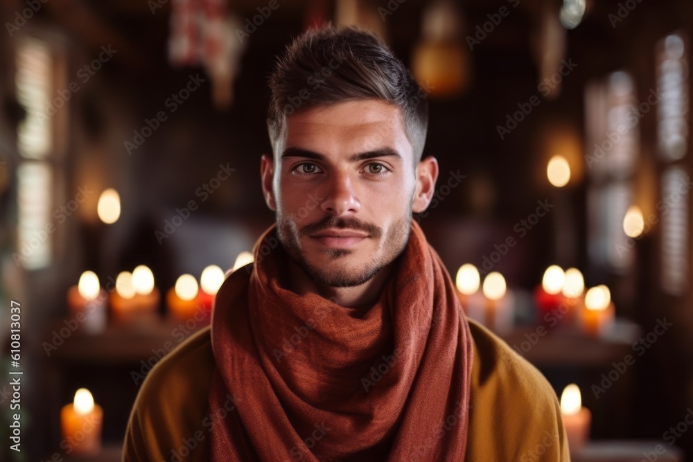 Portrait of handsome man in red scarf standing in cafe and looking at camera Portrait of handsome man in red scarf standing in cafe and looking at camera