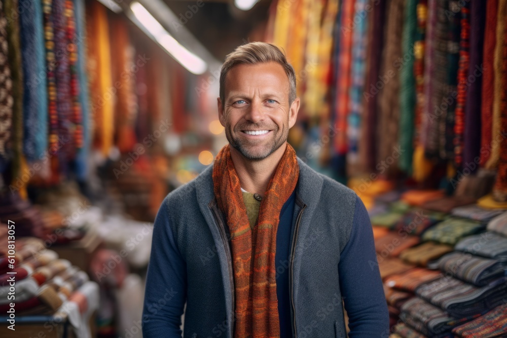 Fototapeta premium Portrait of a smiling man standing in a shop with colorful fabrics