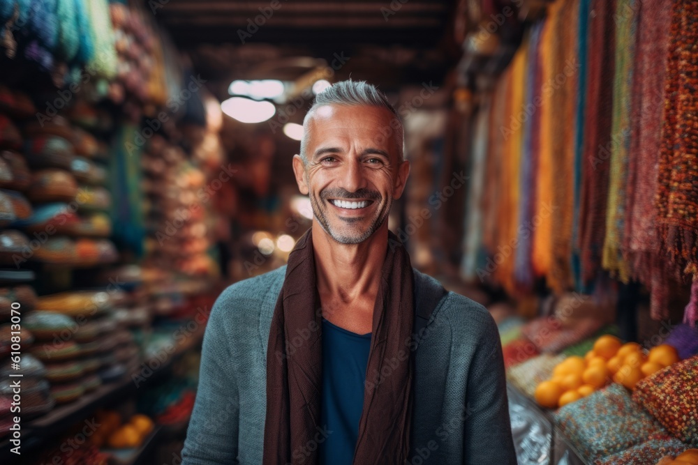 Portrait of smiling middle-aged man at the market in Morocco