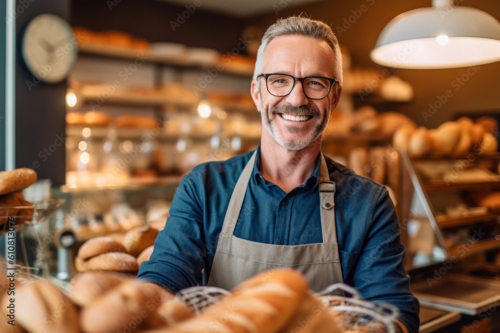 Portrait of smiling mature man in apron and eyeglasses holding baguettes in bakery