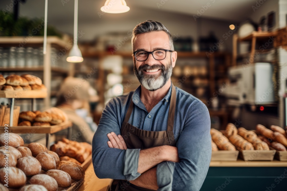 Medium shot portrait photography of a pleased man in his 40s that is wearing a chic cardigan against a busy bakery with freshly baked goods and bakers at work background . Generative AI Medium shot portrait photography of a pleased man in his 40s that is wearing a chic cardigan against a busy bakery with freshly baked goods and bakers at work background . Generative AI