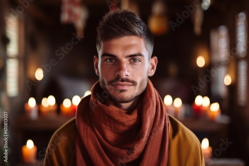 Portrait of handsome man in red scarf standing in cafe and looking at camera
