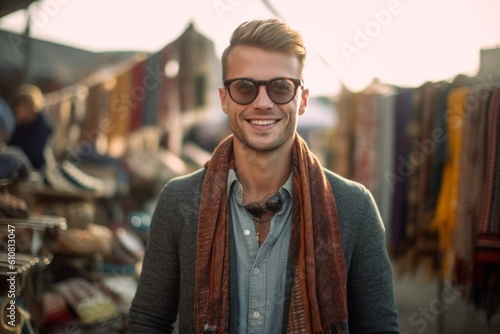 Portrait of handsome young man in eyeglasses at flea market
